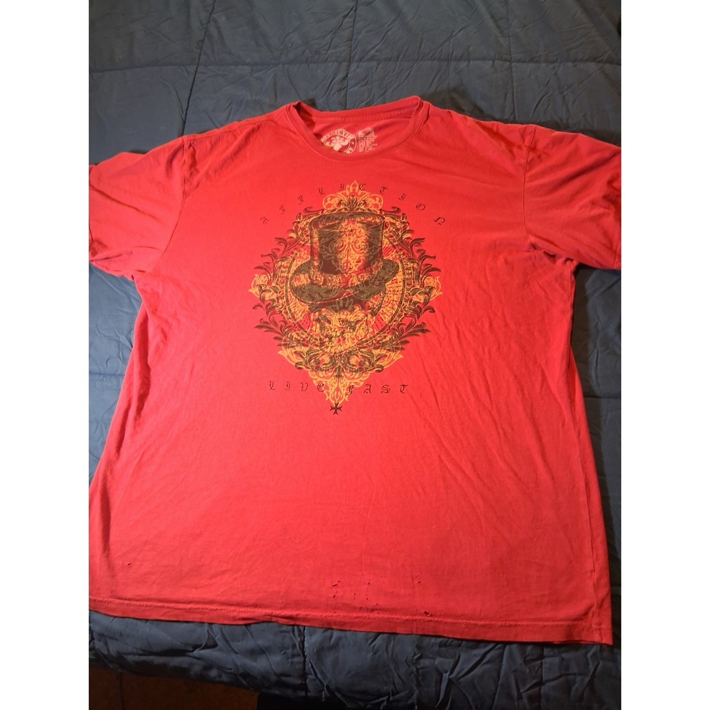 Affliction Live Fast Skull Top Hat‎ Graphic T-Shirt Red 3XL Mens Cotton Tee